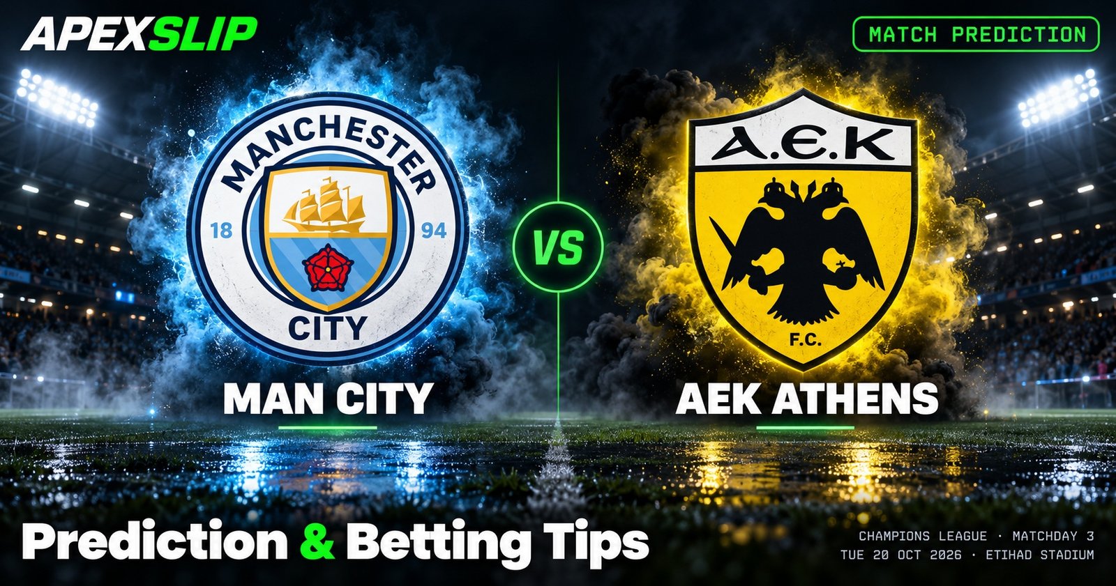 Man City vs AEK Athens prediction cover for the Champions League game at the Etihad Stadium