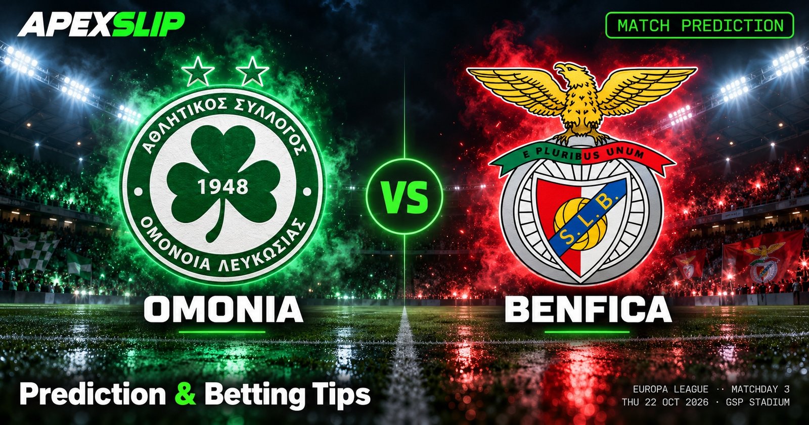 Omonia vs Benfica prediction cover for the Europa League game in Nicosia